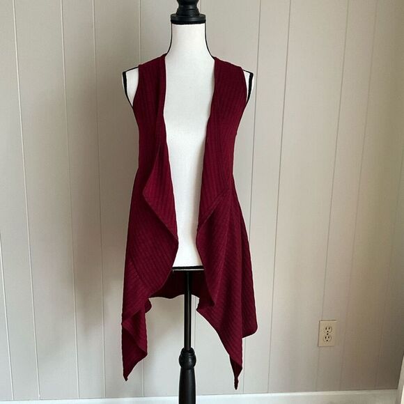 Daytrip Womens Open Front Sleeveless Ribbed Knit Cardigan Burgundy Sweater Small - Picture 1 of 11